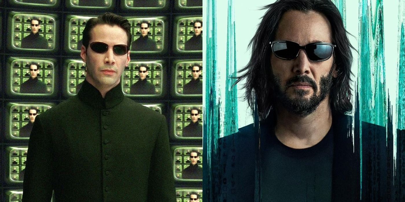 Split image of Neo in The Matrix Reloaded & Neo wearing shades in The Matrix Resurrections.