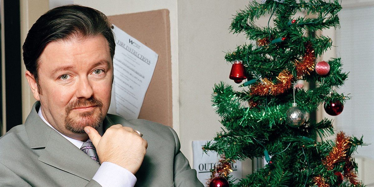 David Brent poses in front of the Christmas tree from The Office U.K