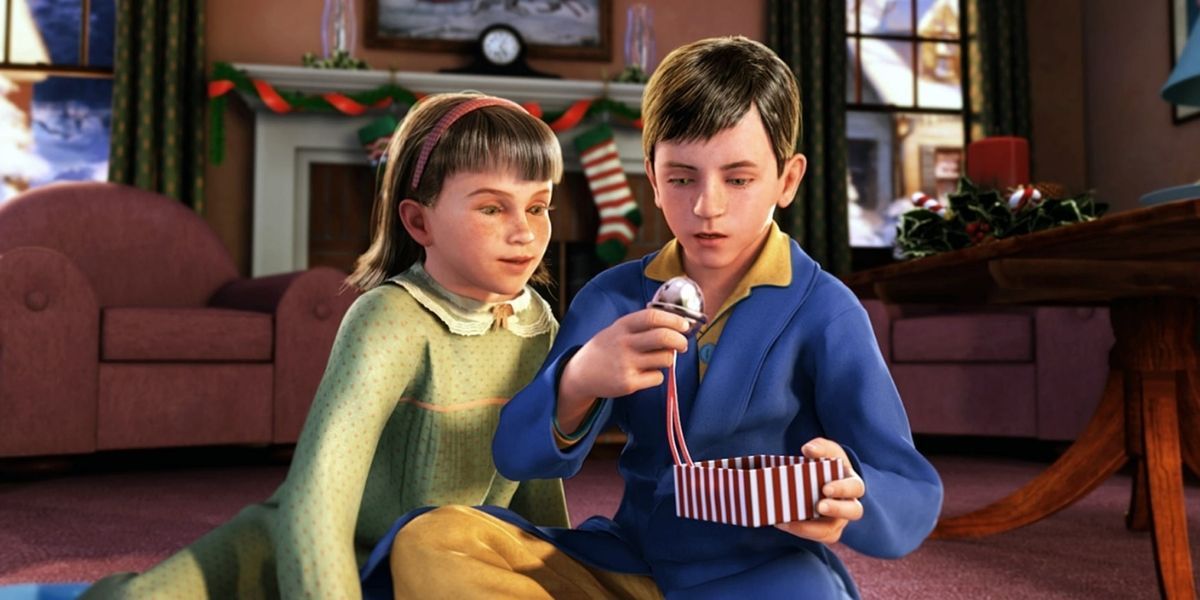 Hero Boy e sua irmã admirando o sino do Papai Noel em The Polar Express (2004)