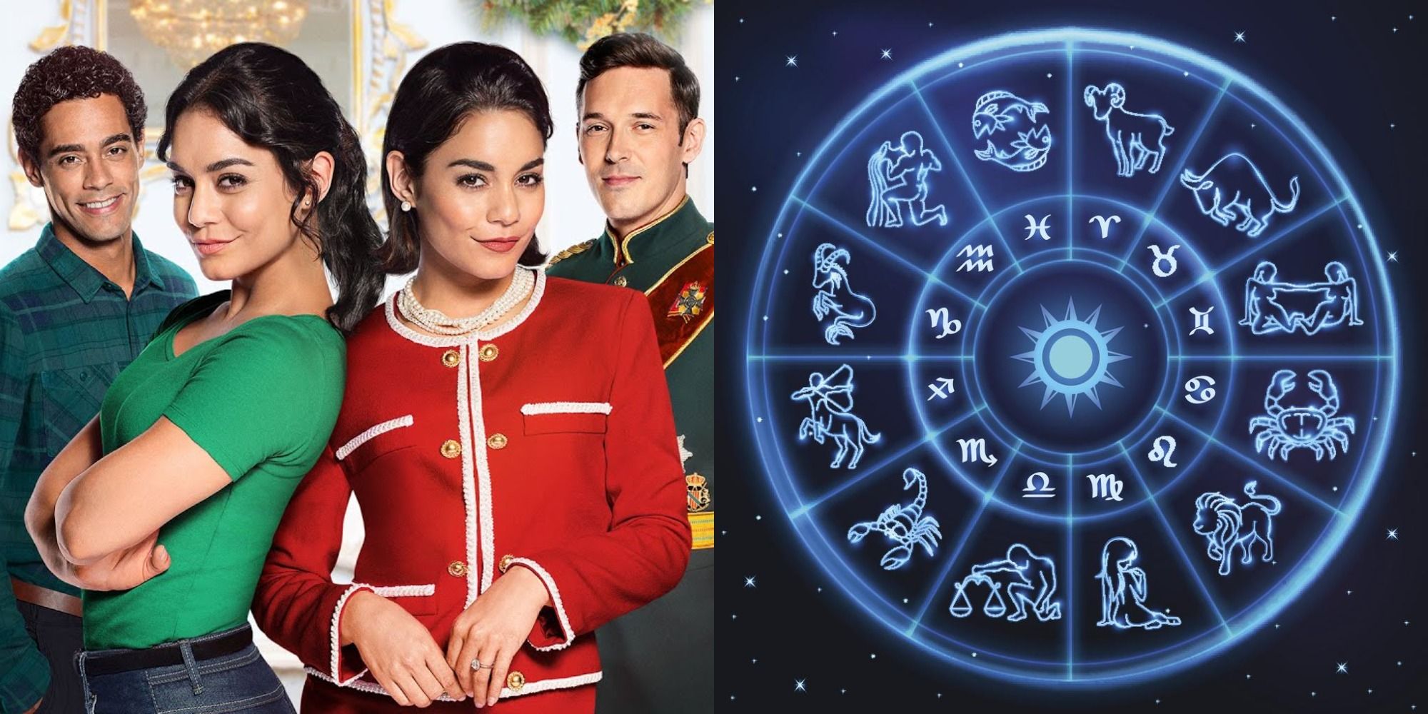 Split image showing the cast of The Princess Switch and a zodiac wheel
