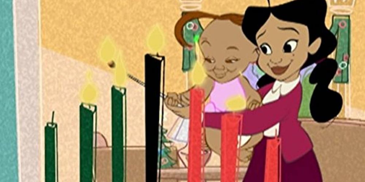 Penny e sua irmã mais nova acendendo o kinara em The Proud Family