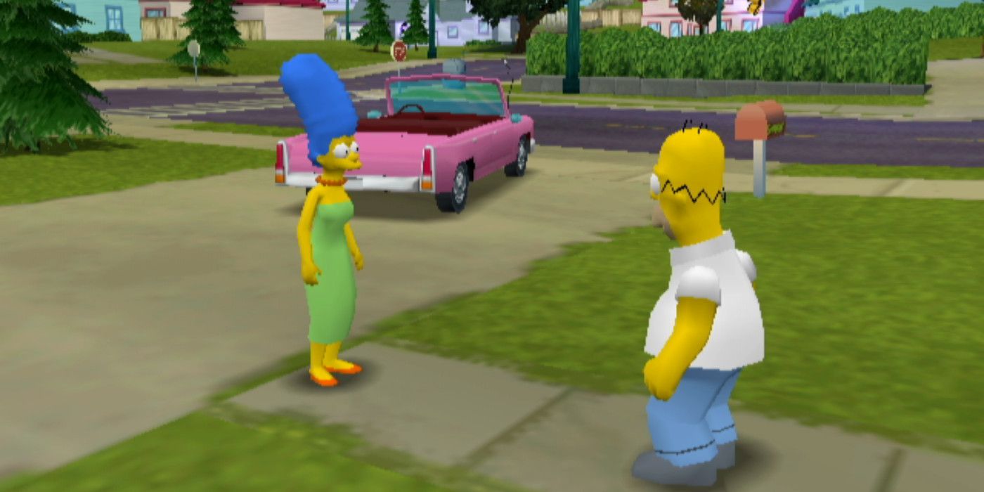 Marge habla con Homer frente al auto familiar de Los Simpson Hit and Run 