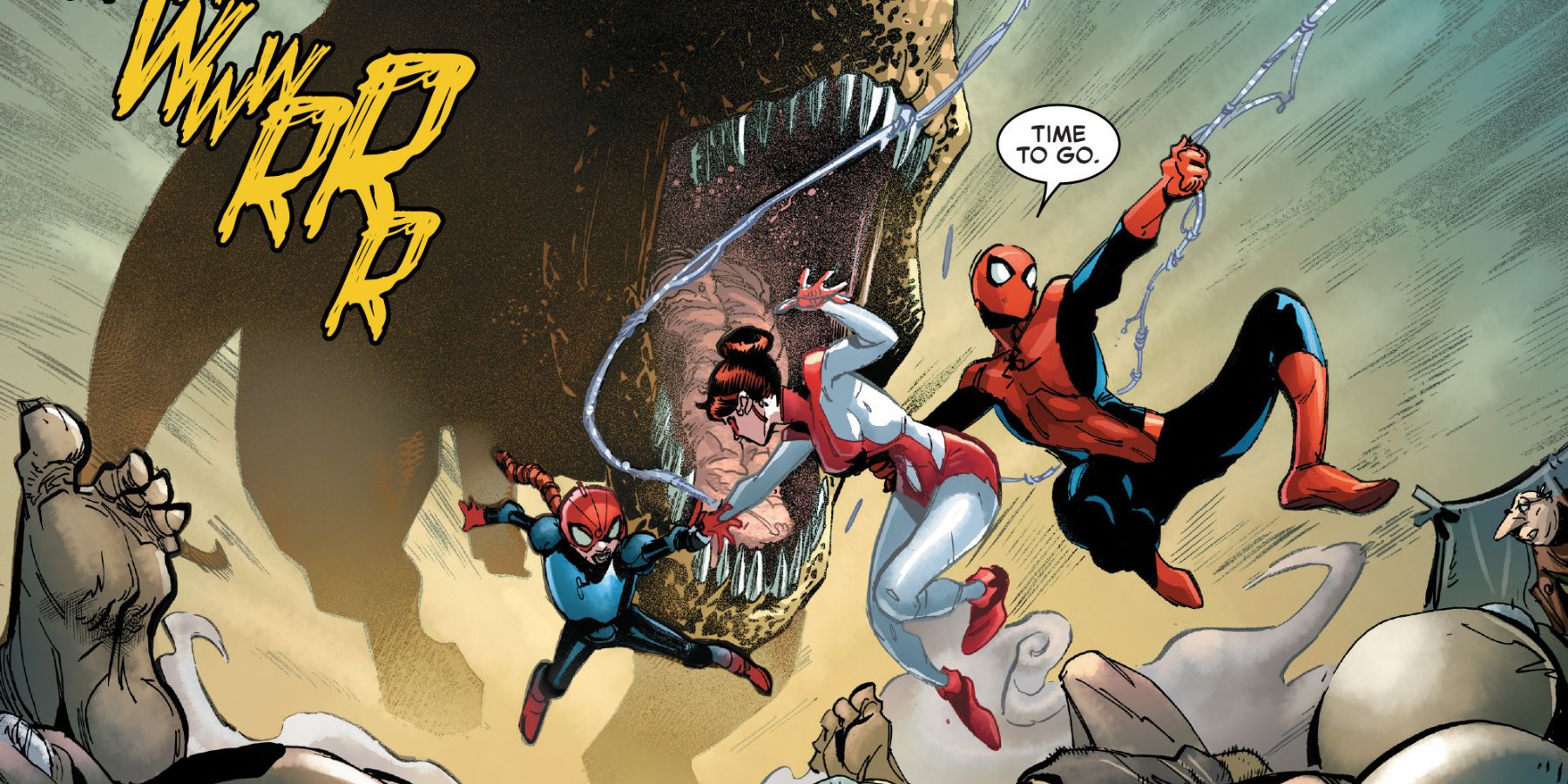 The Spider-Family outrunning a dinosaur in Spider-Man: Renew Your Vows