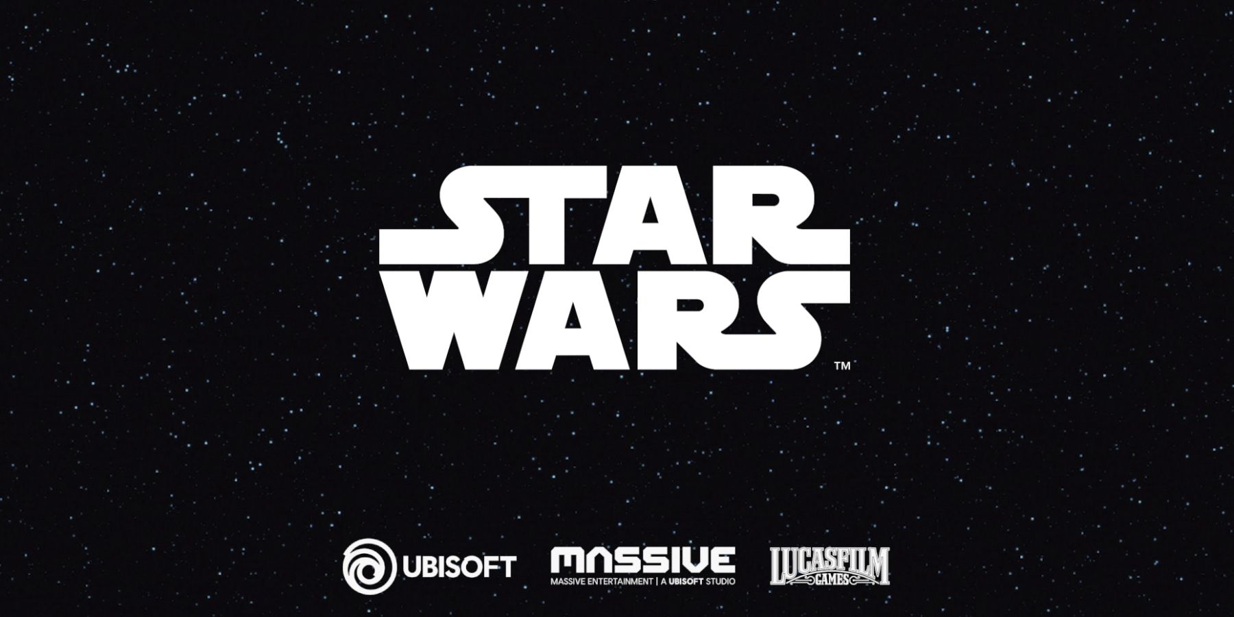 Gambar logo Star Wars dengan latar berbintang dengan logo Ubisoft, Massive, dan Lucasfilm di bawahnya.