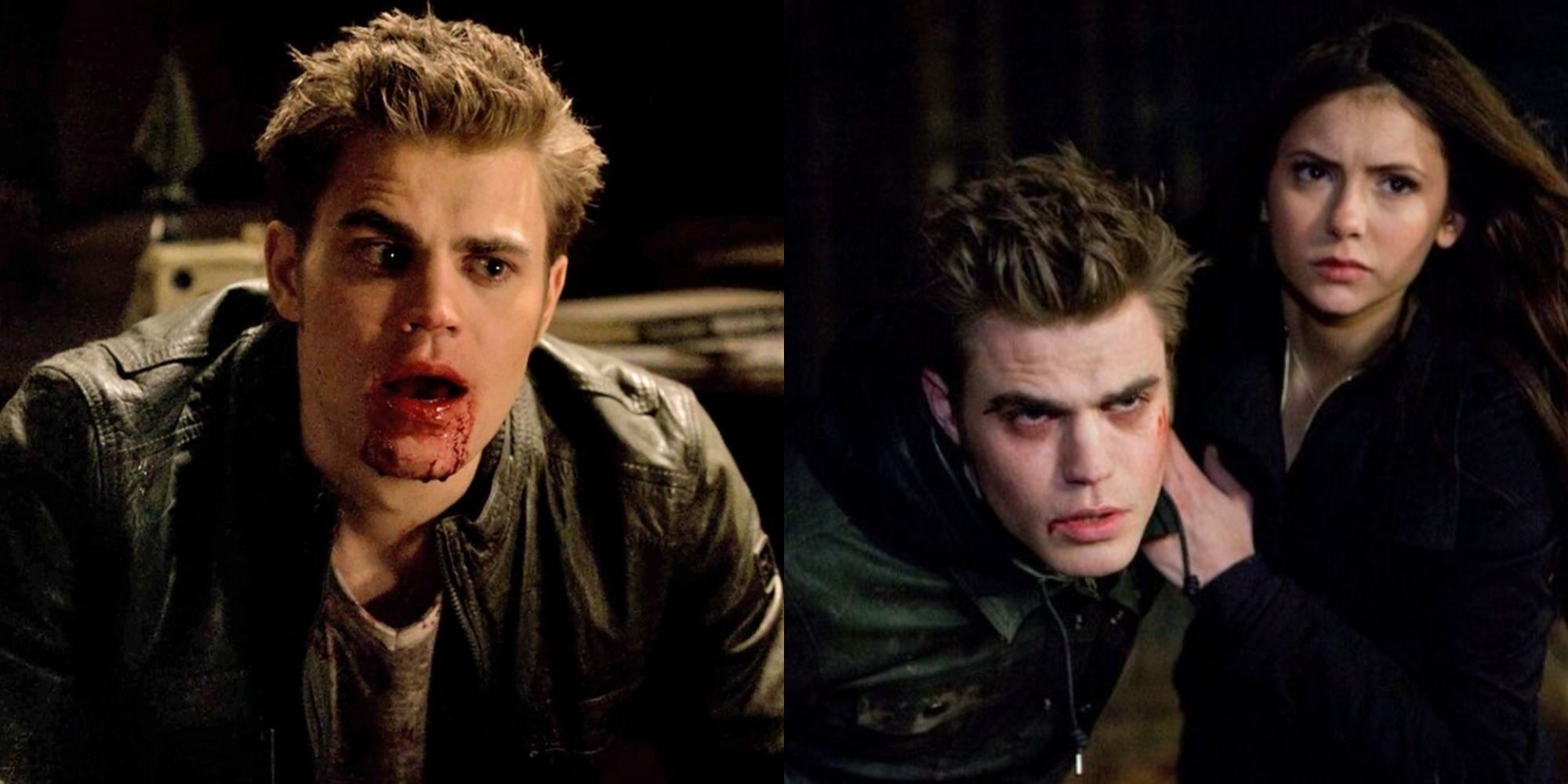 Split image showing Stefan with blood on his mouth and Stefan and Elena running in TVD
