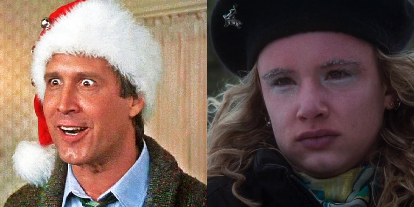 Split image of Clark Griswold and Audrey with her face frozen