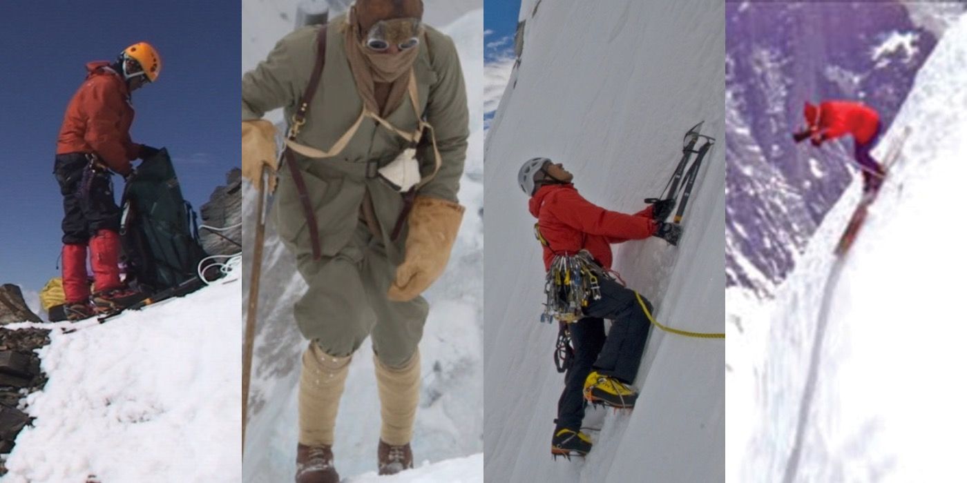 A split image of The Wildest Dream, Summit, and the Man who Skied Down Everest