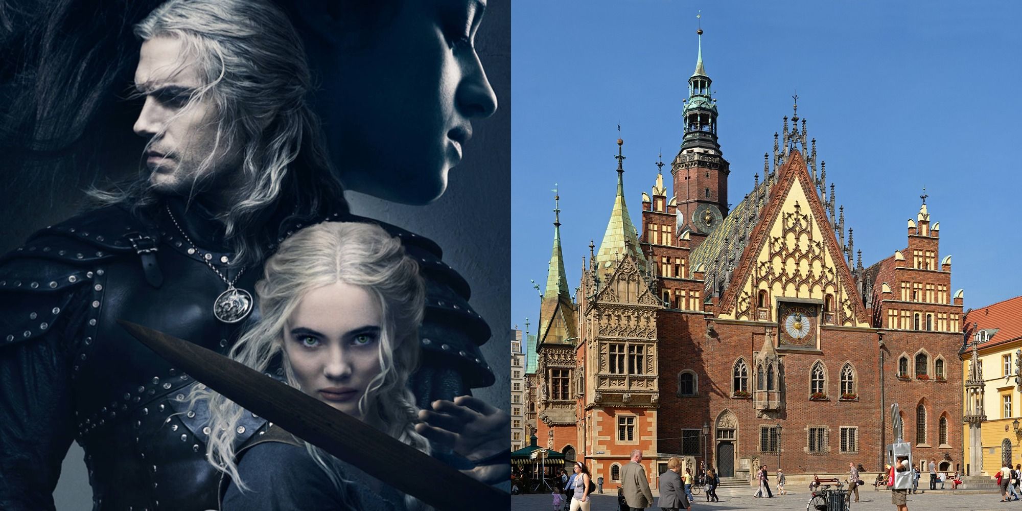 Split image showing the three MCs from The Witcher and the city of Wroclaw in Poland
