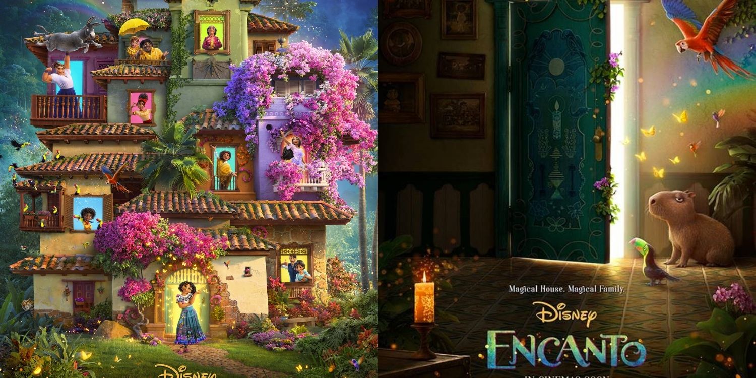 The house from Encanto with characters in the windows and an opening door with animals around with with the title text