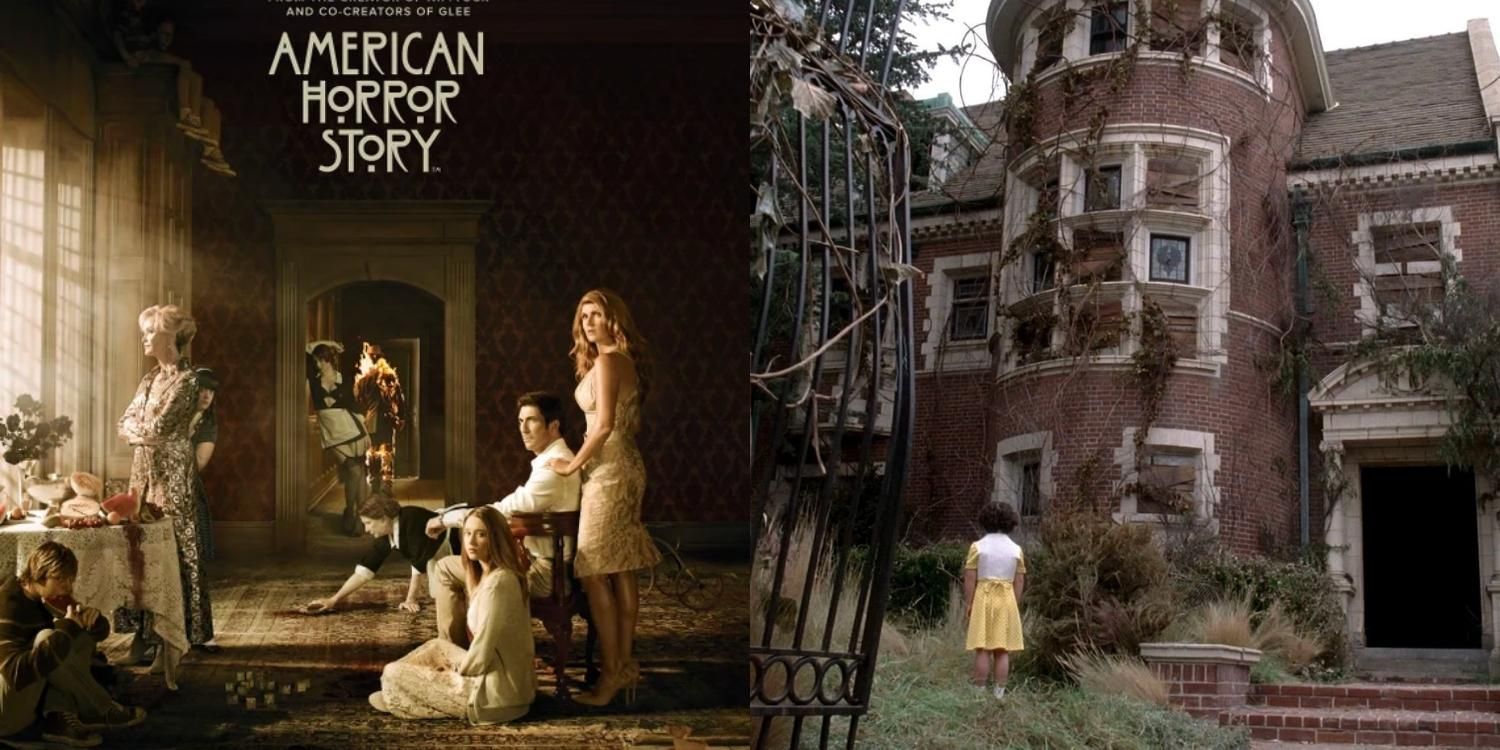 The poster for American Horror Story Murder House featuring the main cast next to an image of the house from the show