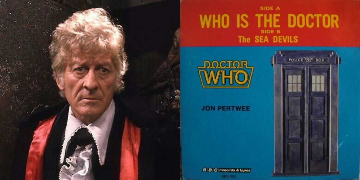 Jon Pertwee is posing as the Third Doctor next to his single release for 'Who Is The Doctor'.