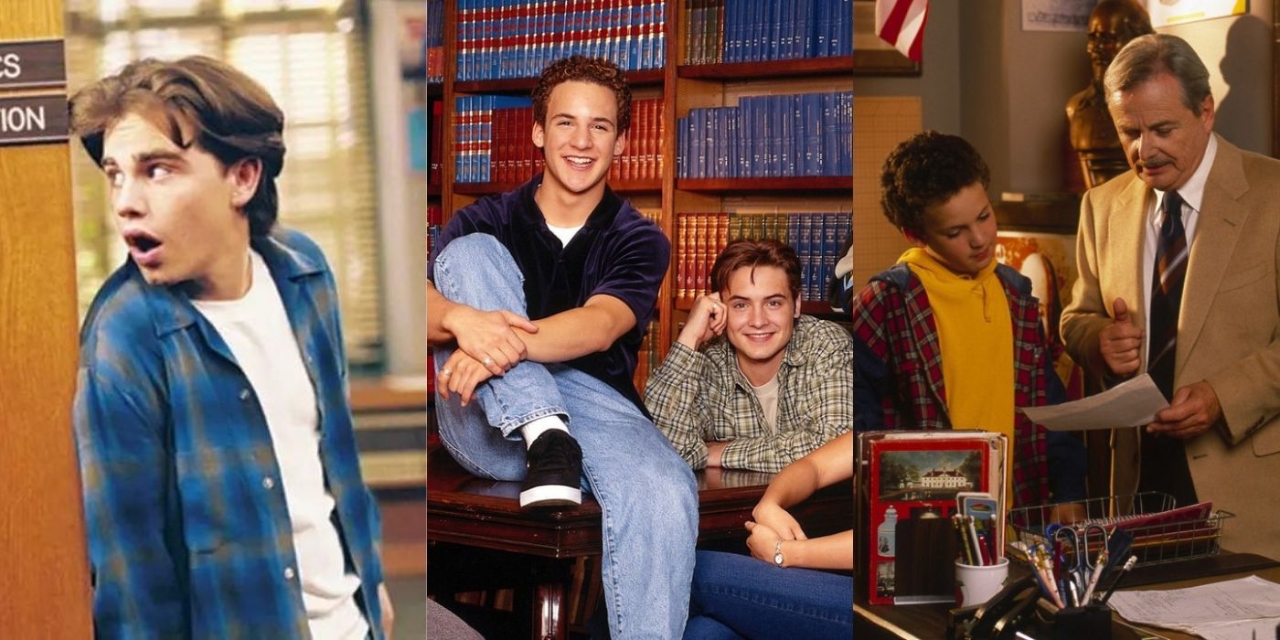 Three side by side images of Shawn, Cory, Eric, and Mr. Feeny in Boy Meets World
