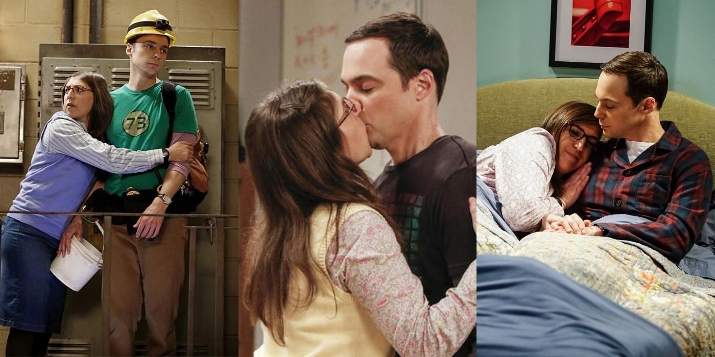 Three split images of Amy and Sheldon hugging and kissing on the Big Bang Theory