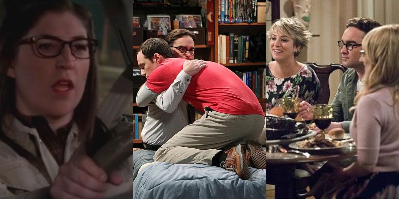 Three split images of the characters from TBBT in emotional scenes