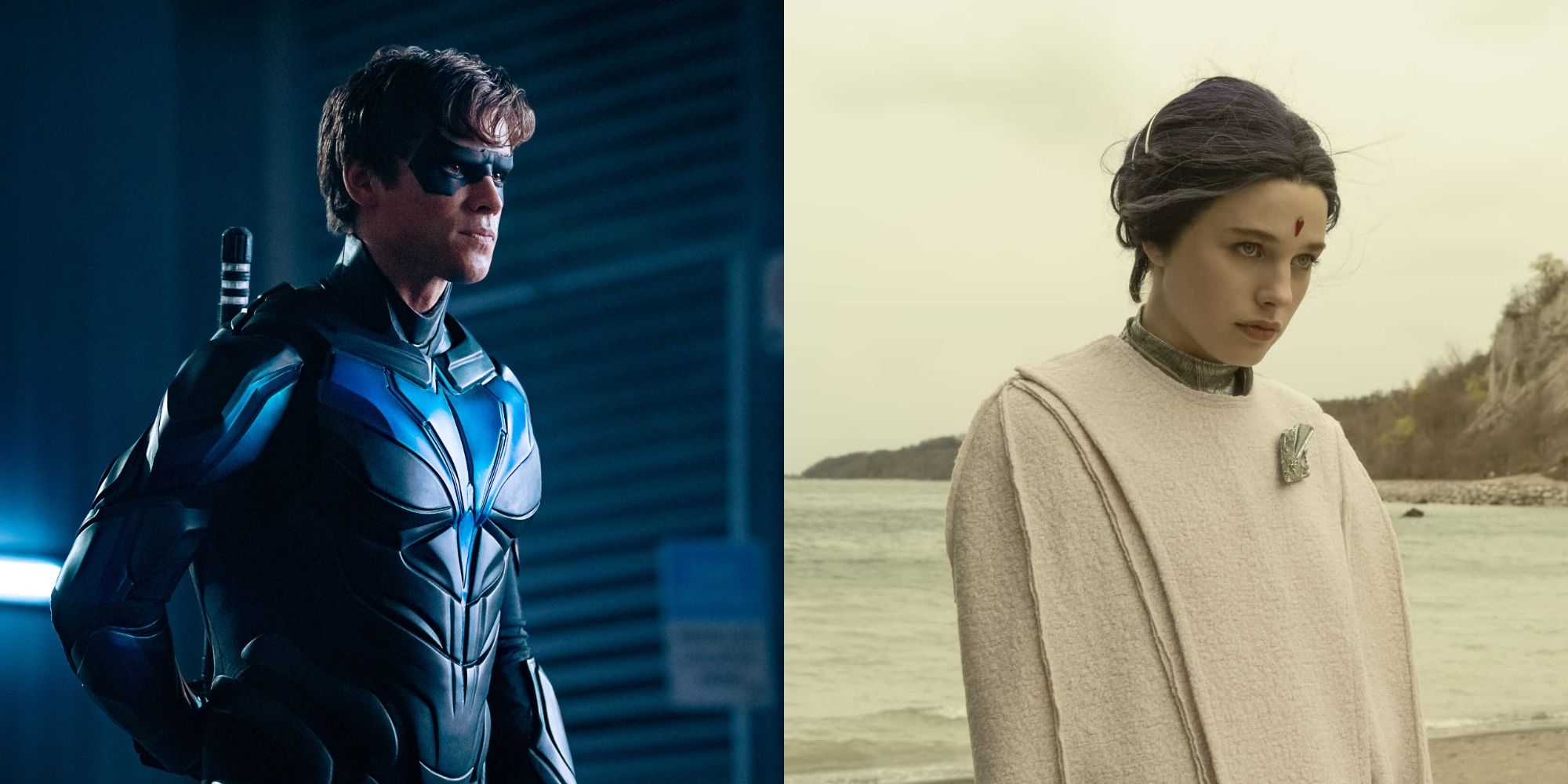 Split image showing Nightwing and Raven in Titans