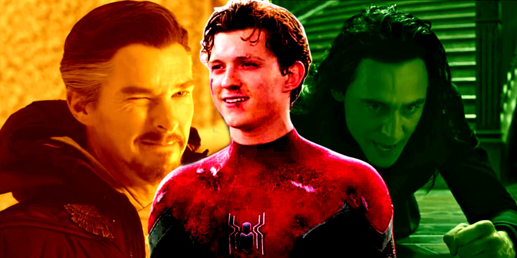 Tom Hiddleston as Loki in Thor Ragnarok, Tom Holland as Peter Parker and Benedict Cumberbatch as Doctor Strange in Spider-Man No Way Home