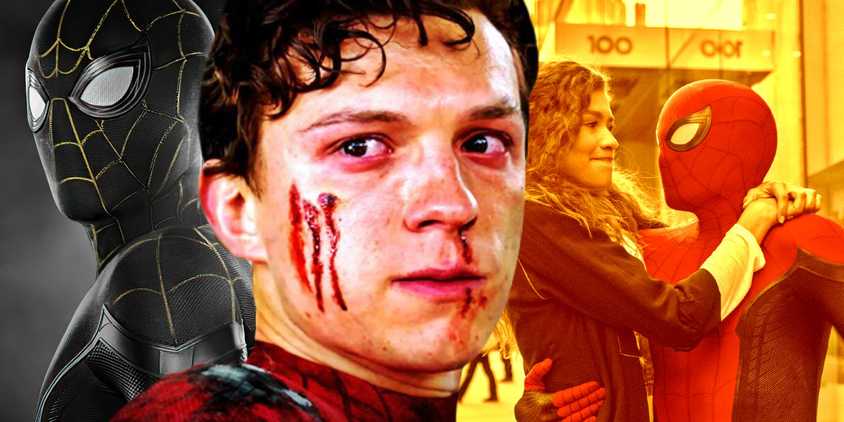 Collage of a black Spider-Man costume, a closeup of Tom Holland bleeding and Spider-Man hugging MJ