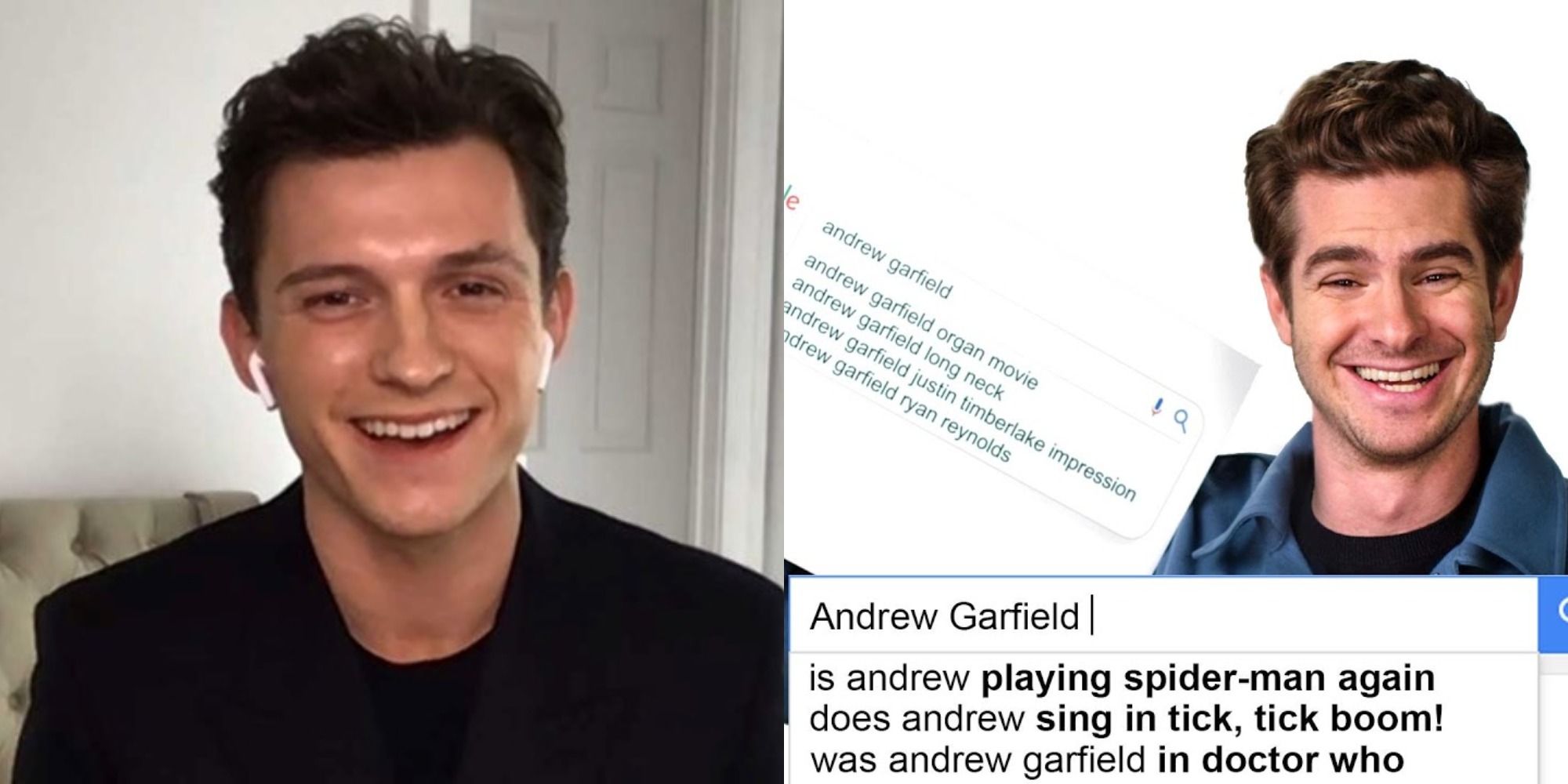 Split image showing Tom Holland and Andrew Garfield on interviews