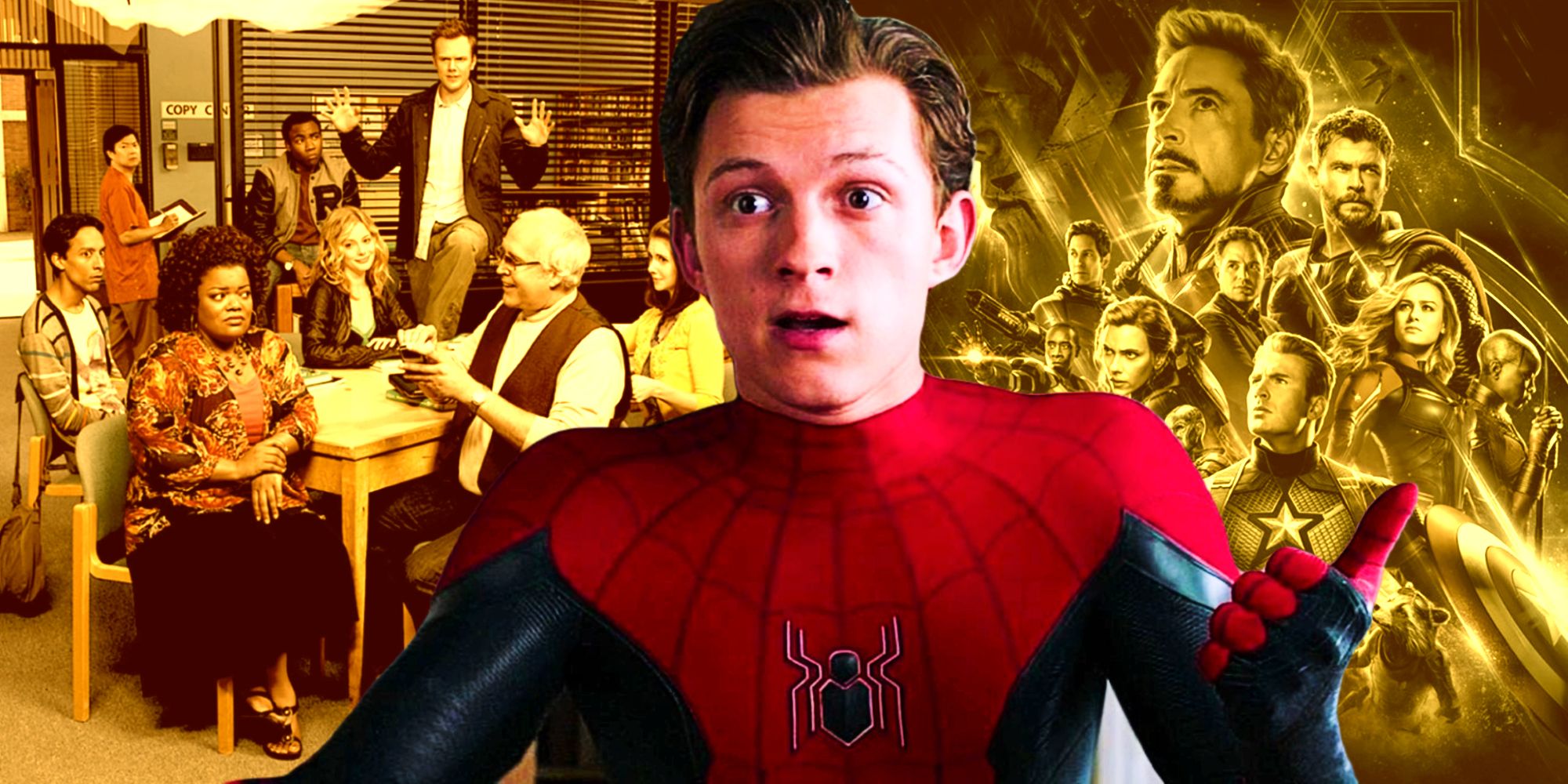 Tom Holland as Peter Parker Spider-Man with Community Poster and Avengers Endgame Poster
