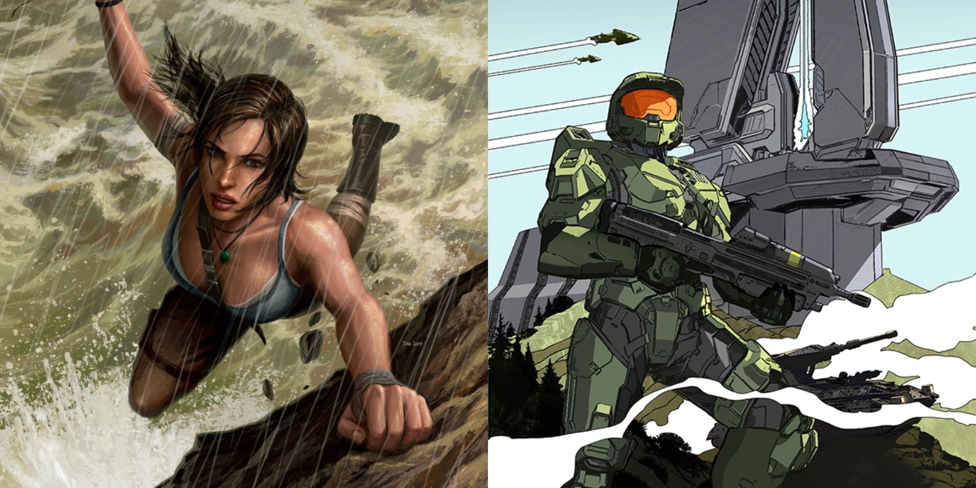 Split image showing covers for Tomb Raider and Halo comics