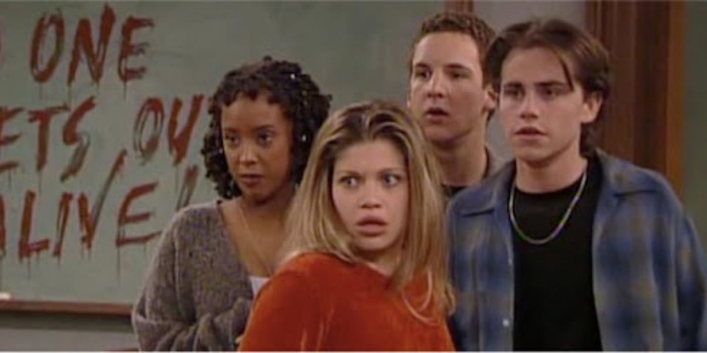 Topanga, Cory, Angela, and Shawn standing in school scared on Boy Meets World