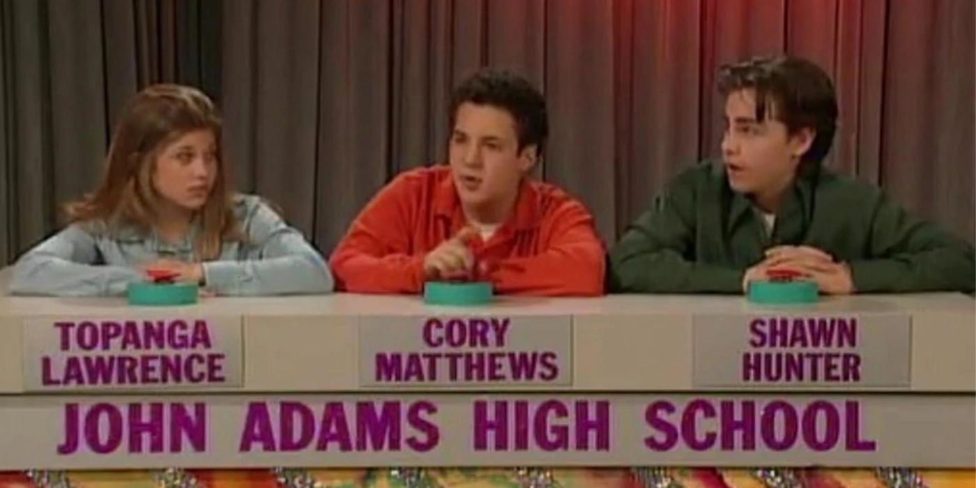 Topanga, Cory, and Shawn on a game show for their high school on Boy Meets World