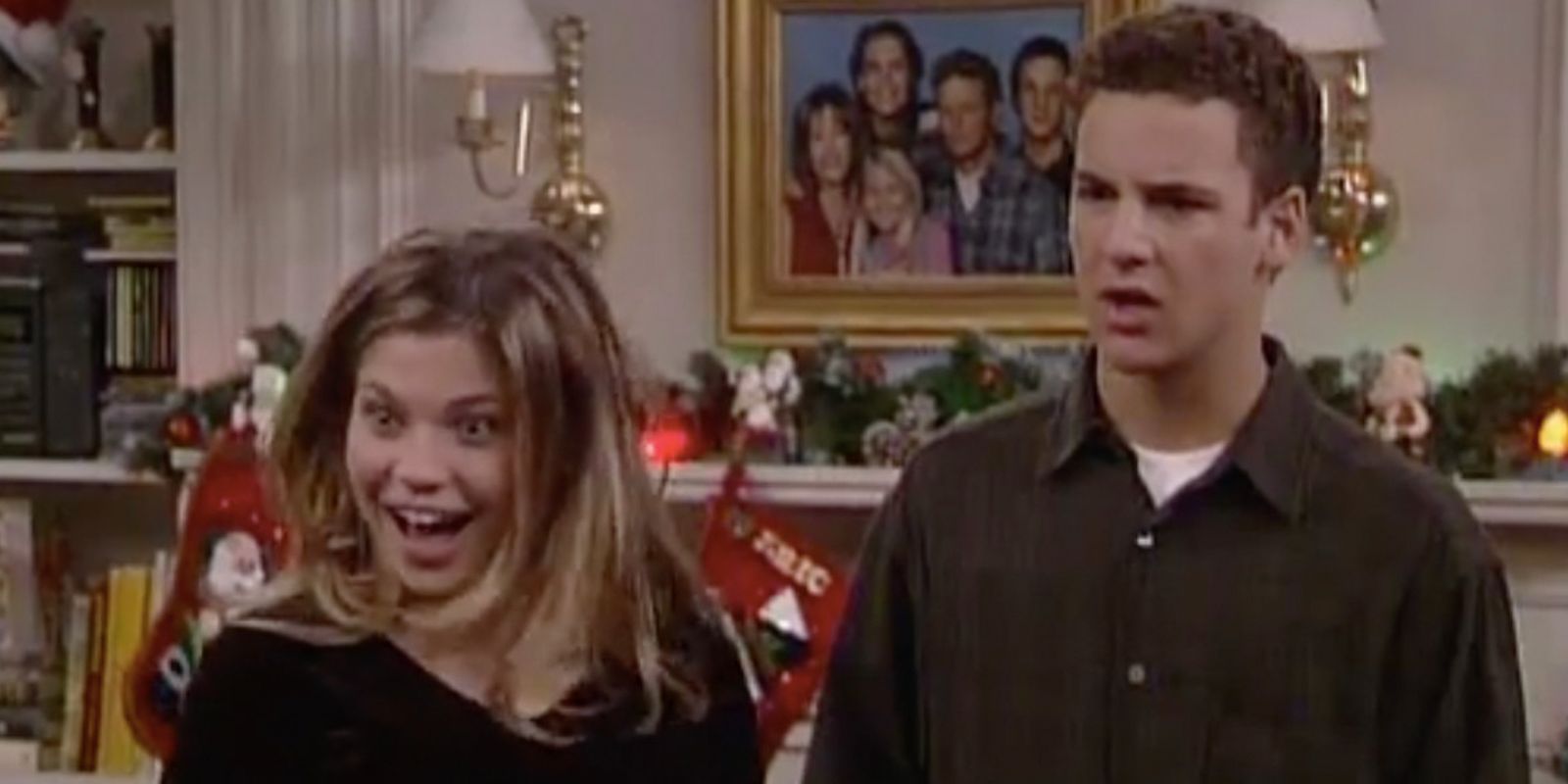 Topanga is excited and Cory is confused in the Boy Meets World episode A Very Topanga Christmas