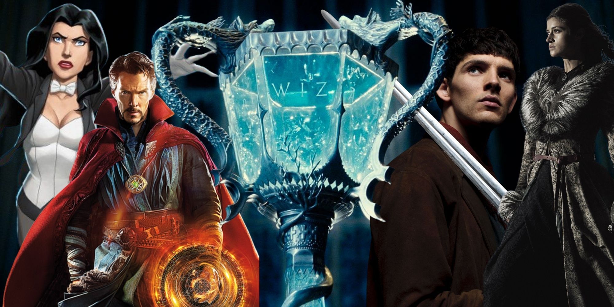 Blended image showing the Triwizard Cup and Zatanna, Doctor Strange, Merlin, and Yennefer of Vengerberg