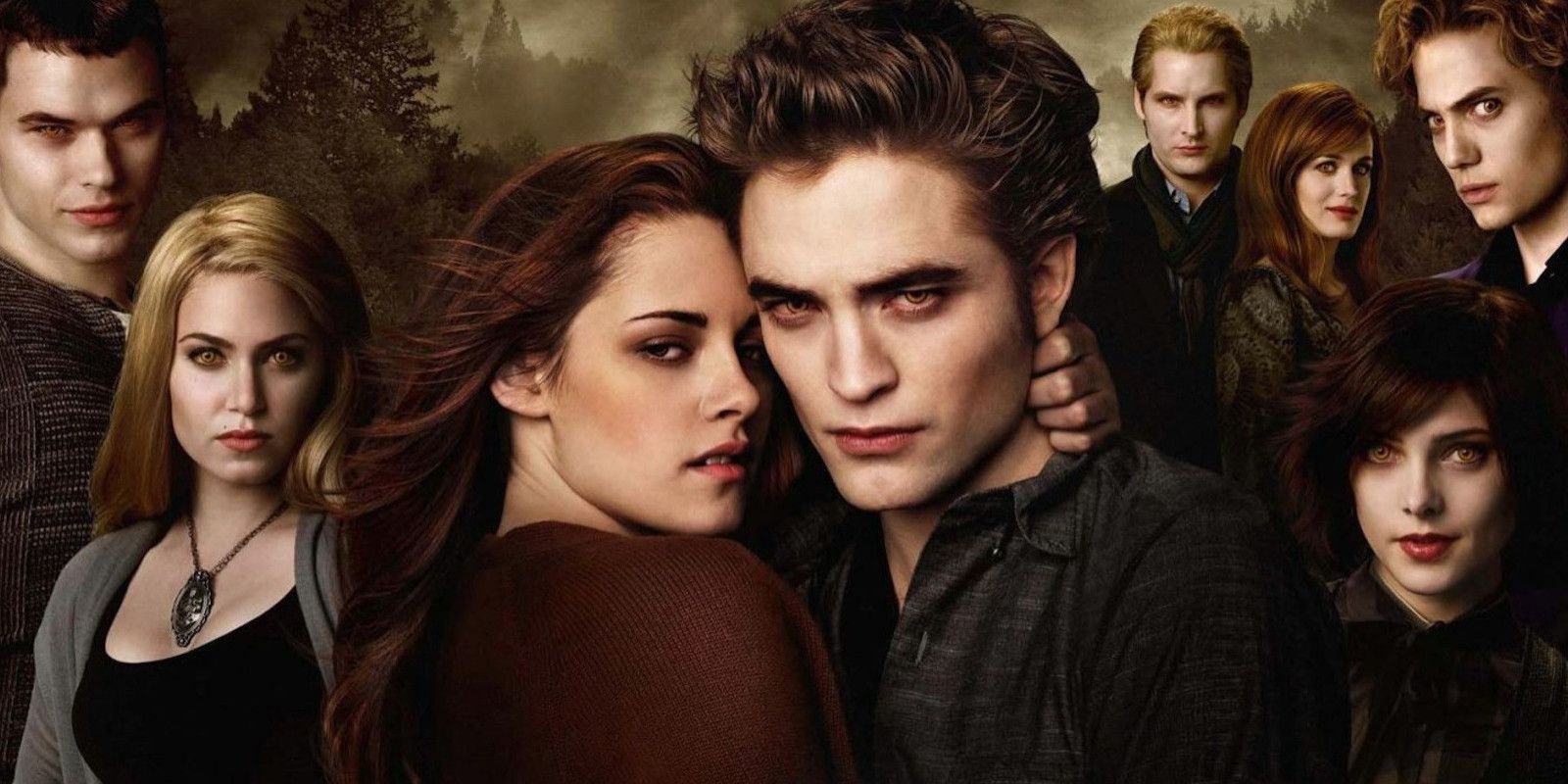 Edward &amp; Bella pose as the cast of Twilight look on.