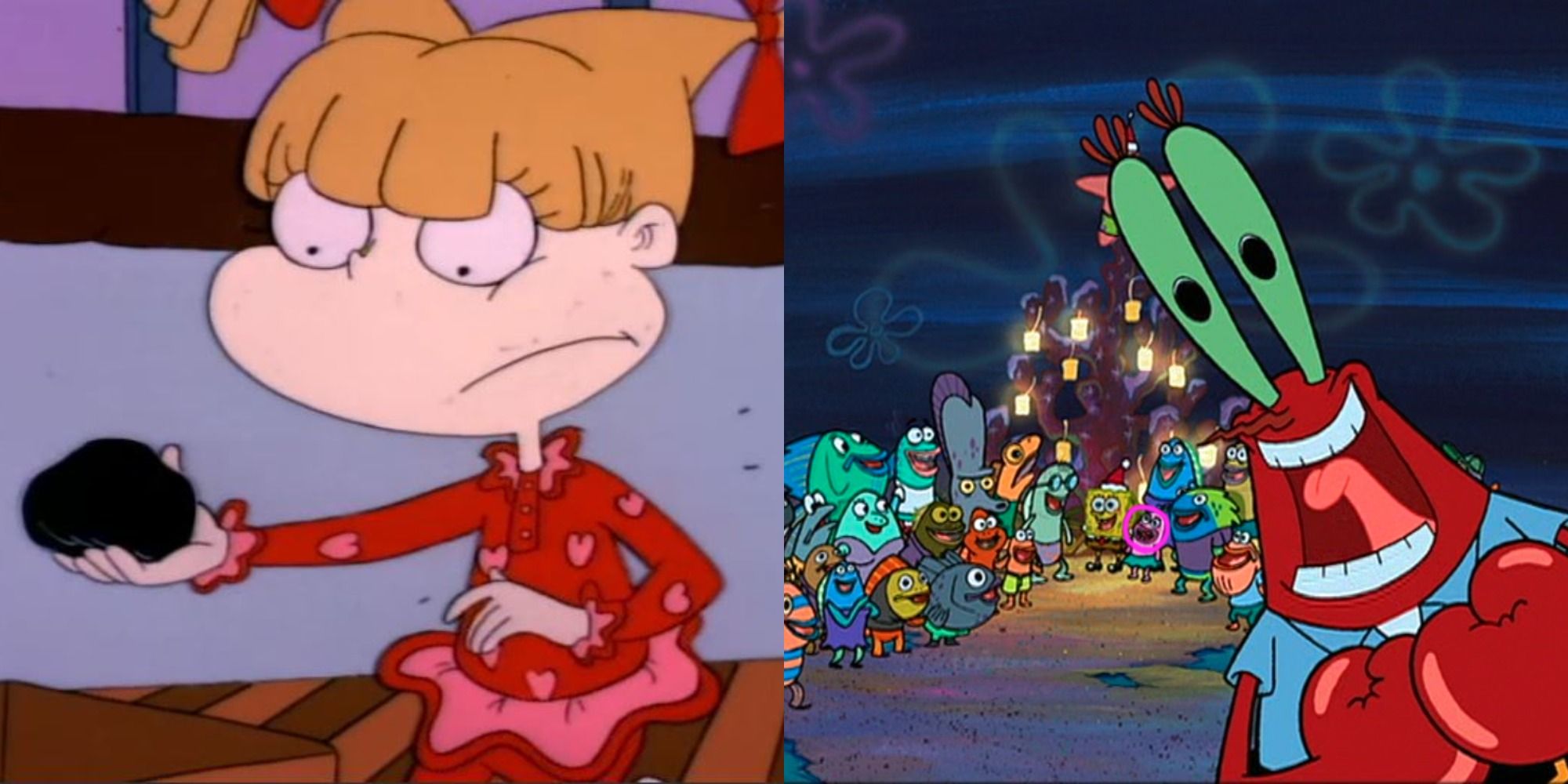 Two side by side images from Rugrats and SpongeBob SquarePants holiday episodes