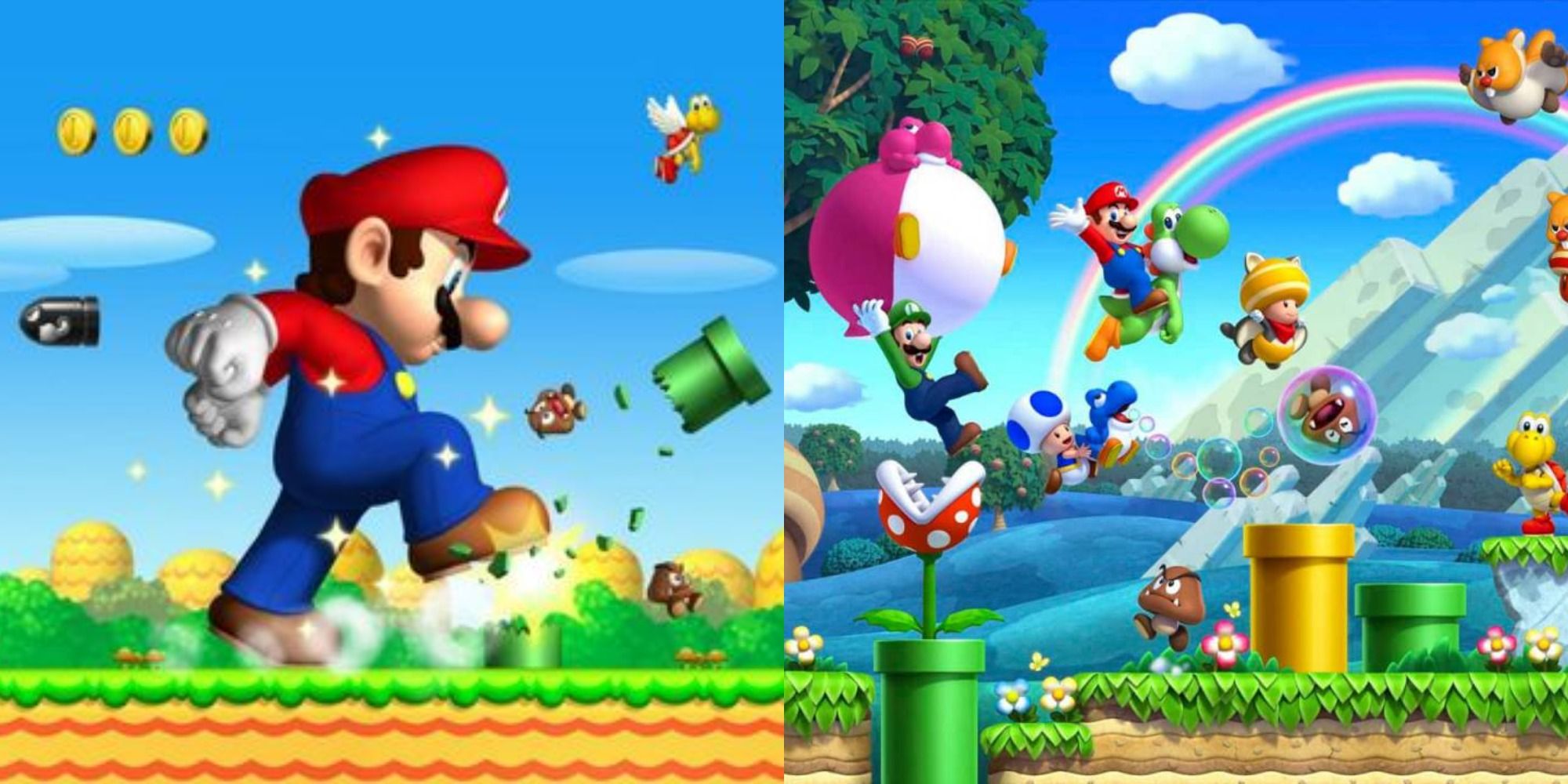 Two side by side images from Super Mario gameplay