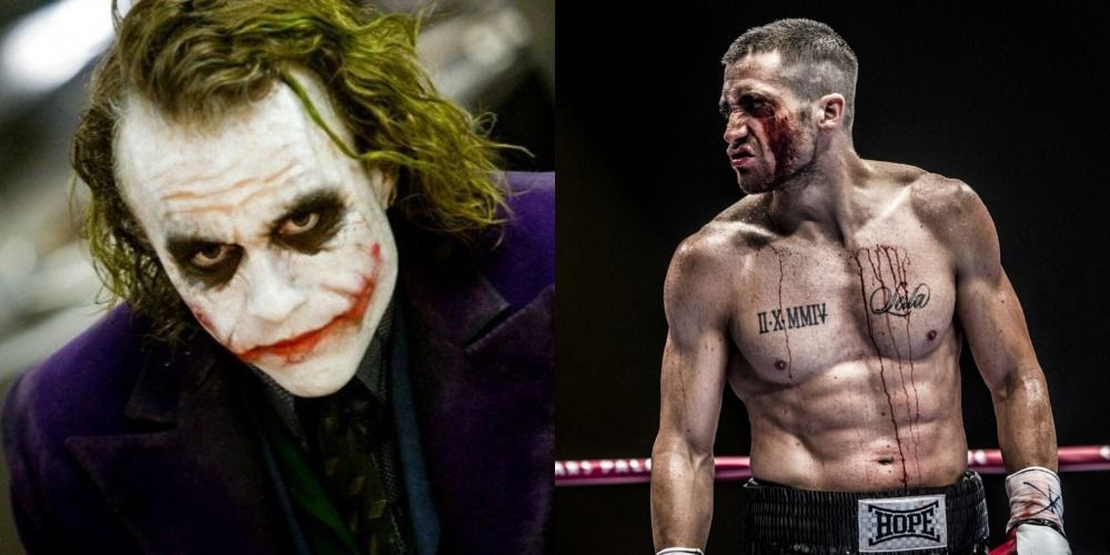 Two side by side images of Heath Ledger as Joker and Jake Gyllenhaal in Southpaw