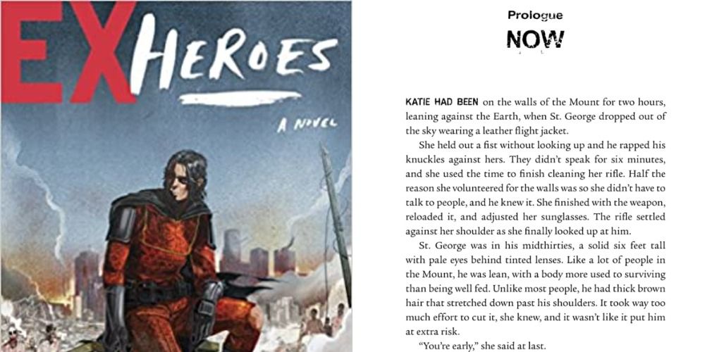Two side by side images of front cover and text excerpt of Ex-Heroes By Peter Clines