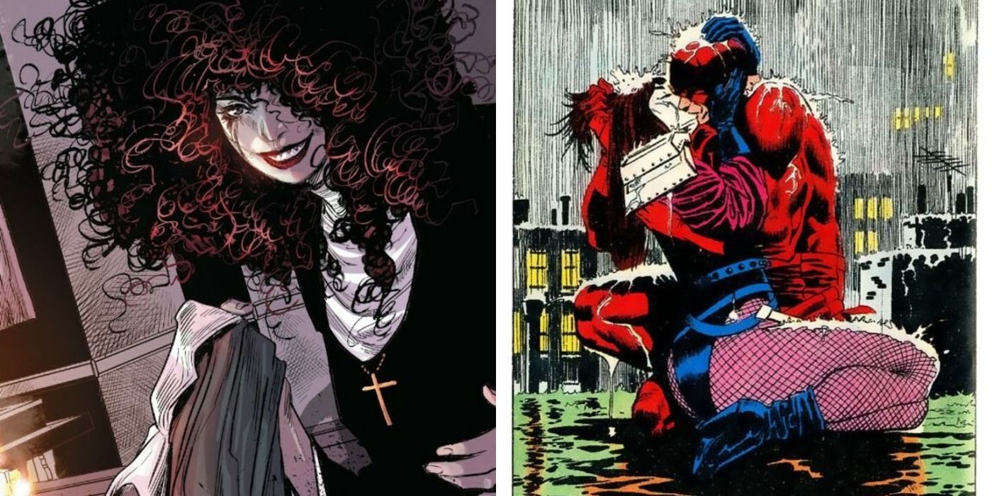 Split image of Typhoid Mary escaping from her nun persona and embracing Daredevil under the rainfall