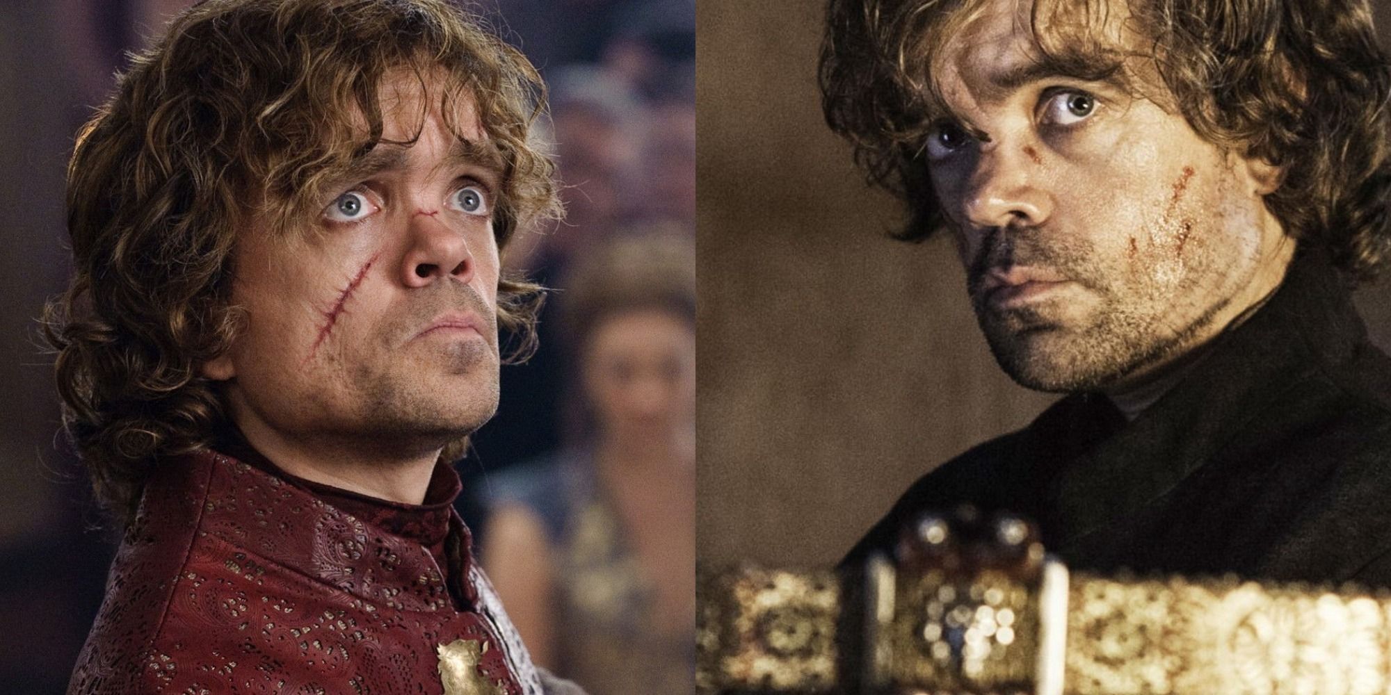 Split image of Tyrion Lannister on trial and with a crossbow in Game of Thrones