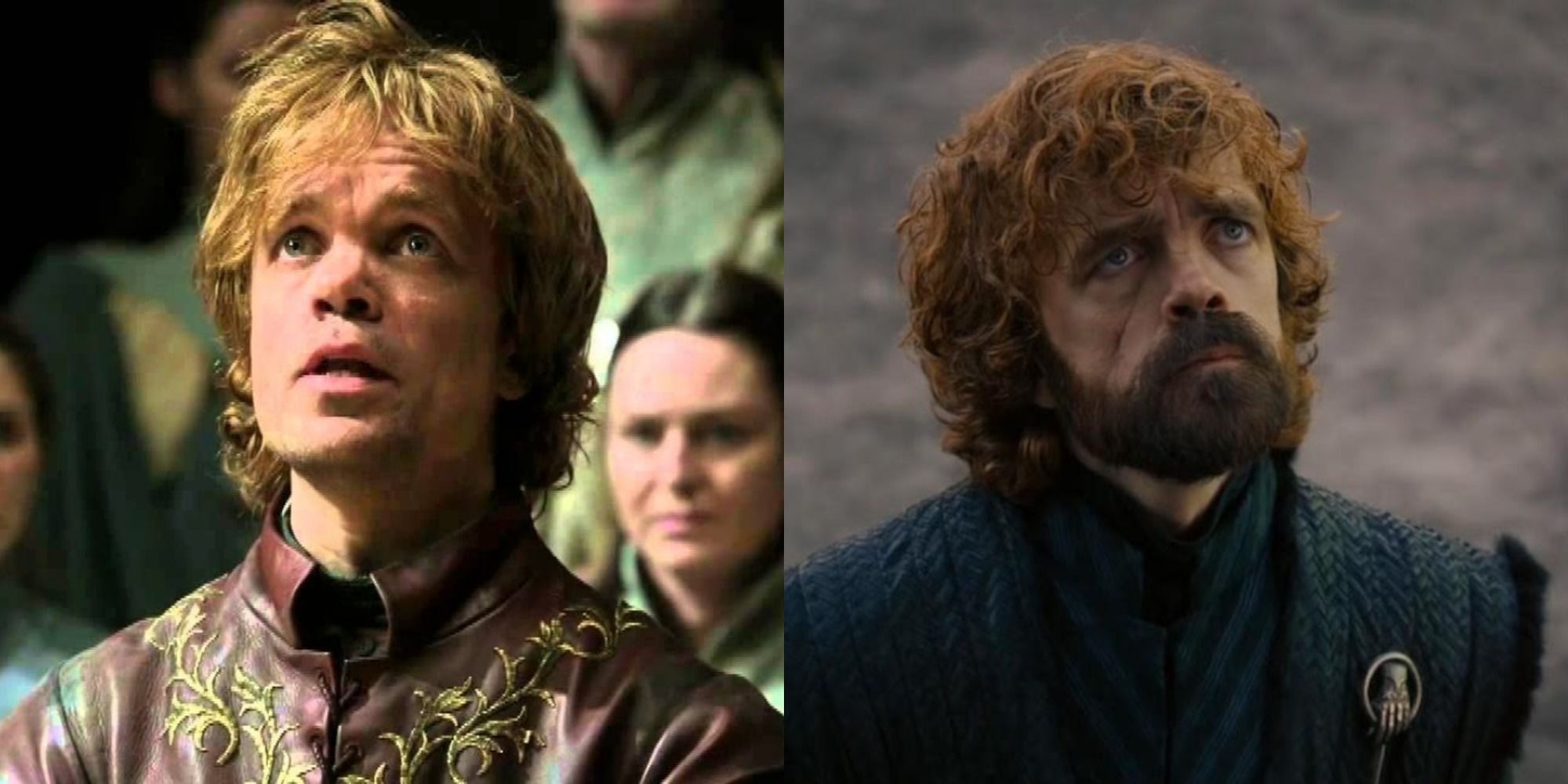 Split image of Tyrion confessing and looking sad in Game of Thrones