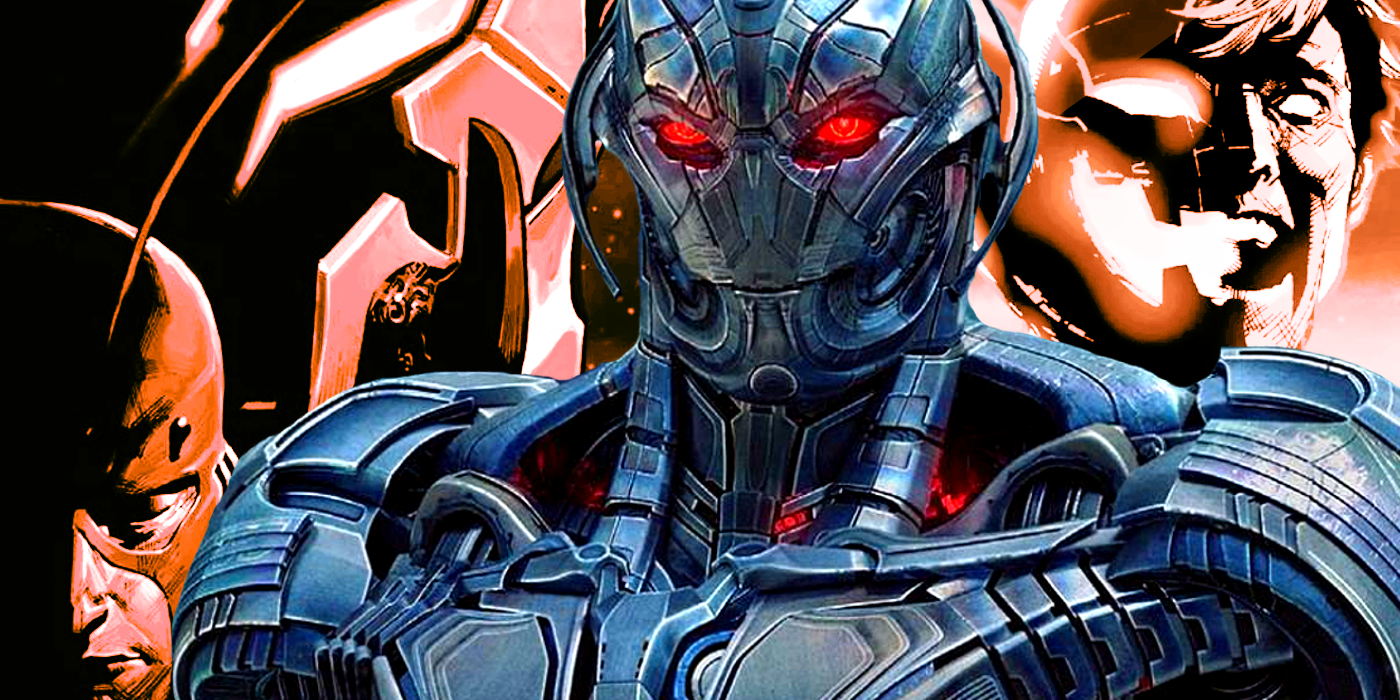 MCU Ultron in front of images of Hank Pym from Marvel Comics.