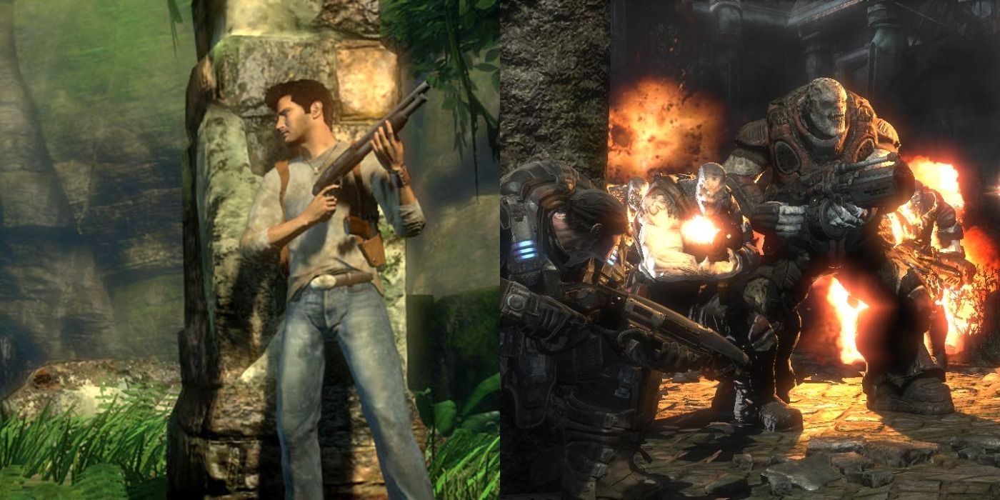 Split image of Nate taking cover in Uncharted: Drake's Fortune and protagonists from Gears of War fighting the Locust Horde