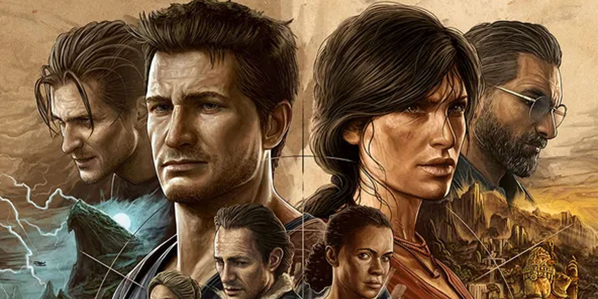 Nathan Drake and all of the Uncharted characters in promo art for the Legacy of Thieves collection.