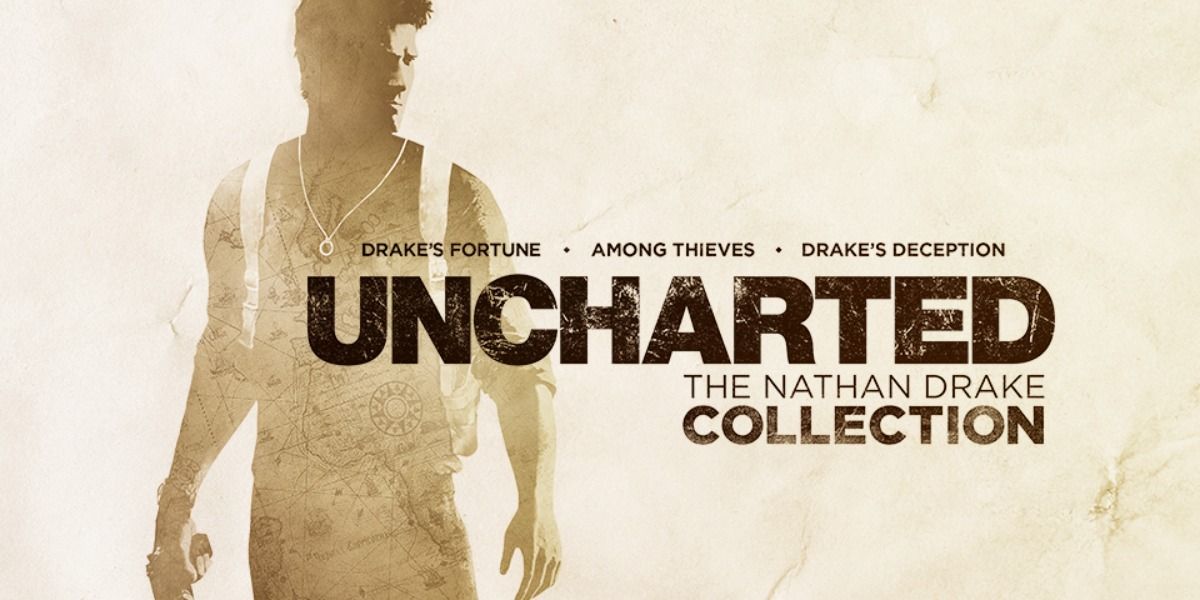 Nathan Drake in a promo for The Nathan Drake Collection on an aged map-style artwork