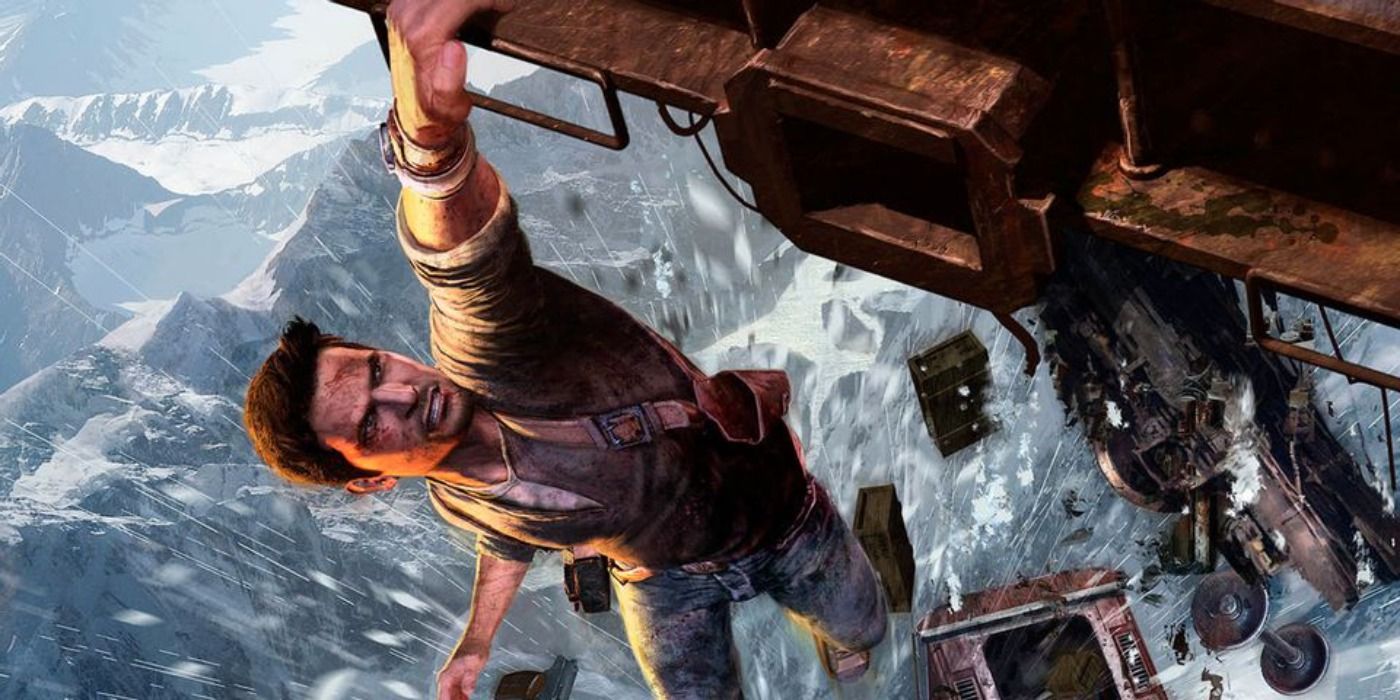 Nate dangling off a derailed train in Uncharted 2 promo art
