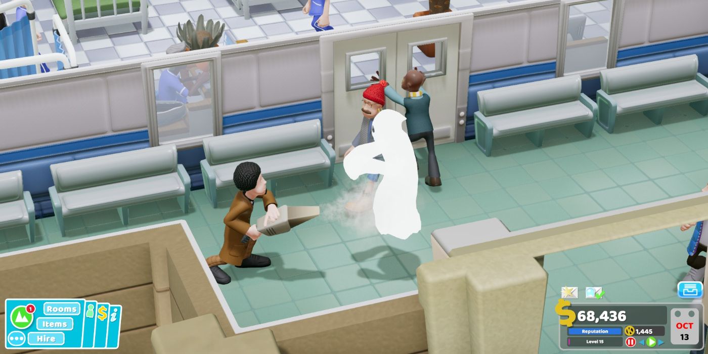 Hospital staff vacuuming a ghost in the hallway in Two Point Hospital.