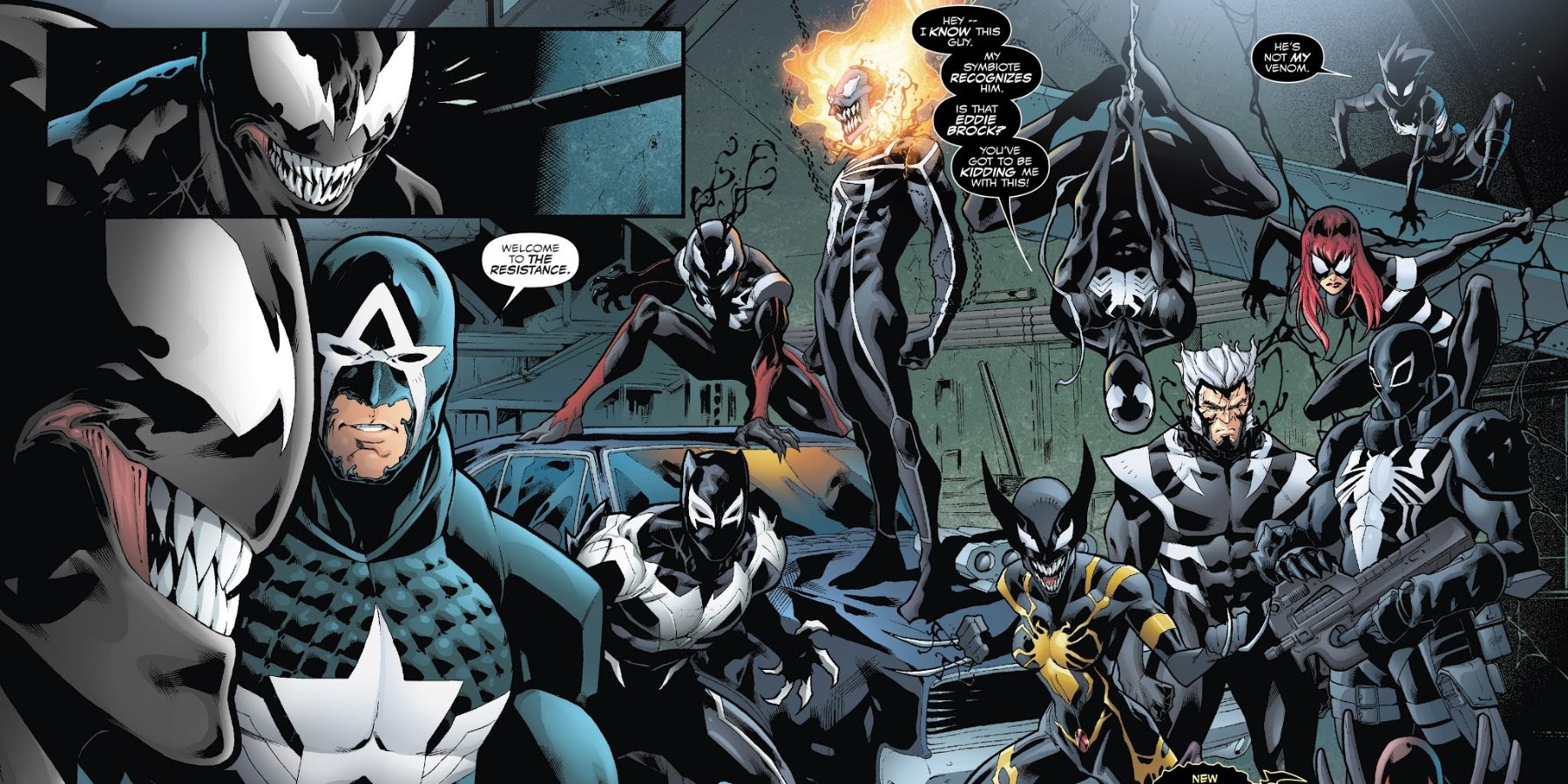 Venom meeting a venomized resistance group of Marvel heroes in Venomverse