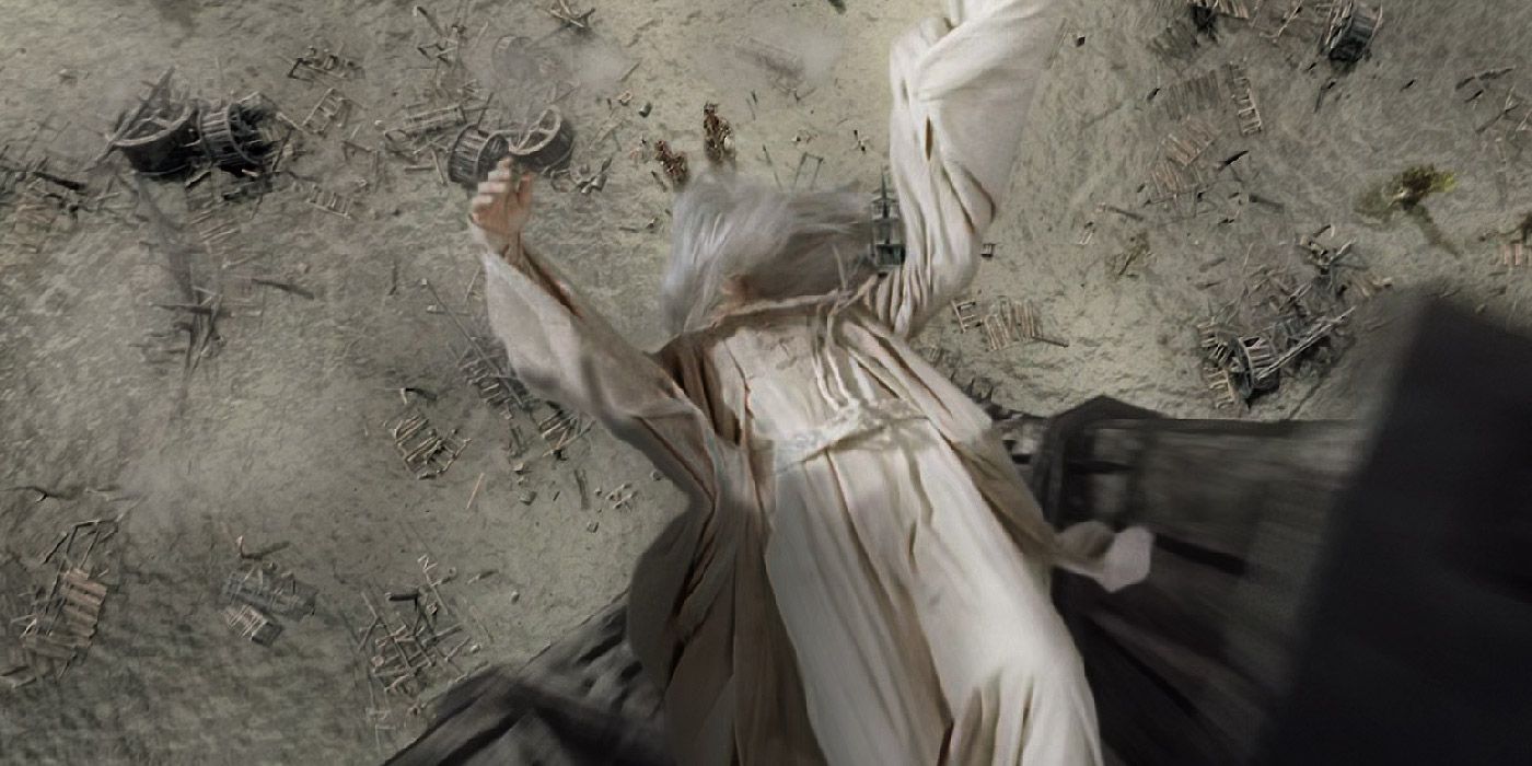 Saruman falls to his death in Lord of the Rings