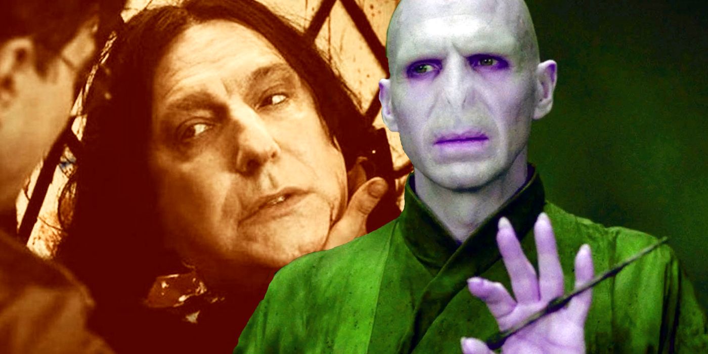 A blended image features Snape's death in front of Harry Potter and Voldemort holding his wand