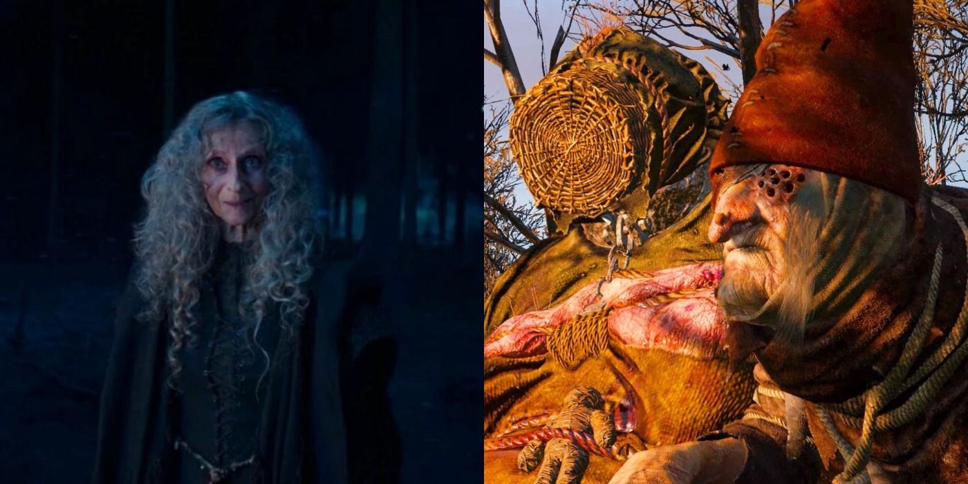 Split image of Voleth Meir in the form of an elderly woman and the Crones of Crookback Bog in The Witcher 3