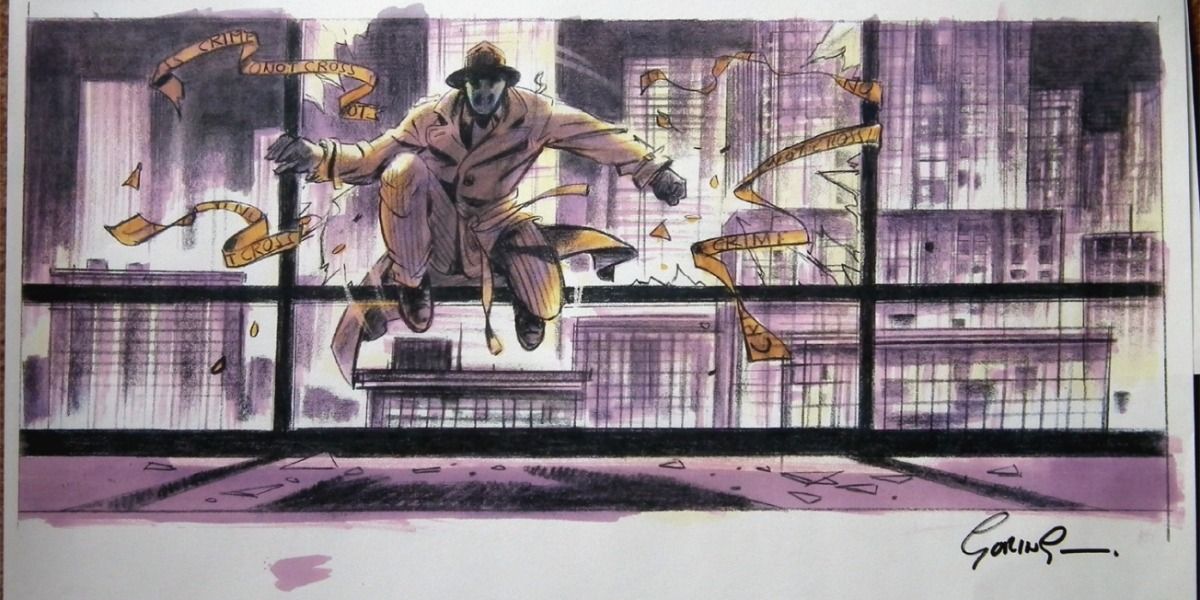 A storyboard of Rorschach investigating the murder of The Comedian in Watchmen.