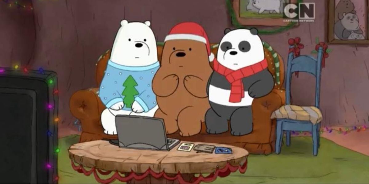 We Bare Bears in Christmas attire watching tv