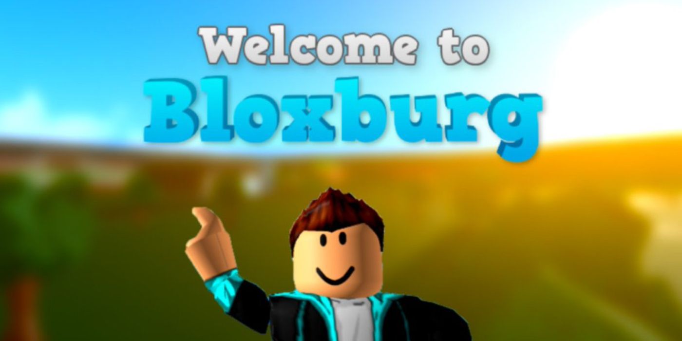 Kartu judul Welcome To Bloxburg di Roblox dengan karakter Roblox di depan cakrawala buram.