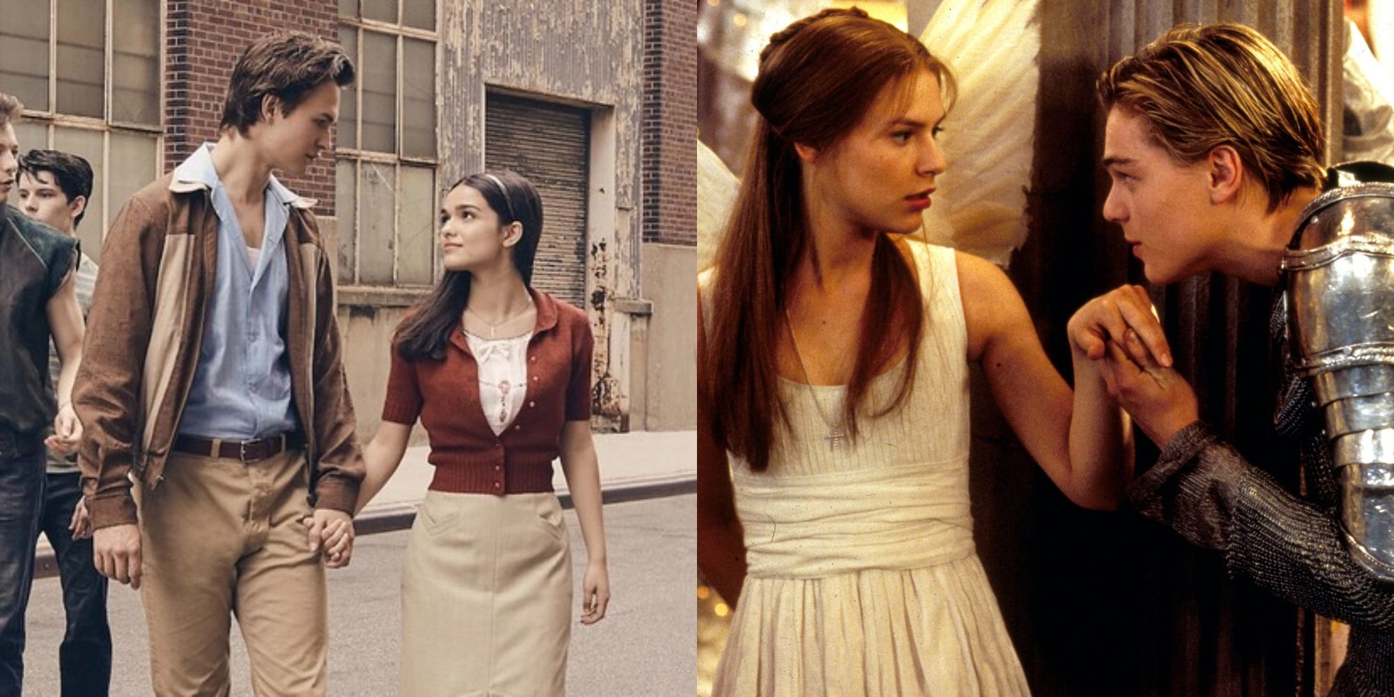 Split image showing Tony and Maria in West Side Story 2021, and Romeo and Juliet in Romeo+Juliet